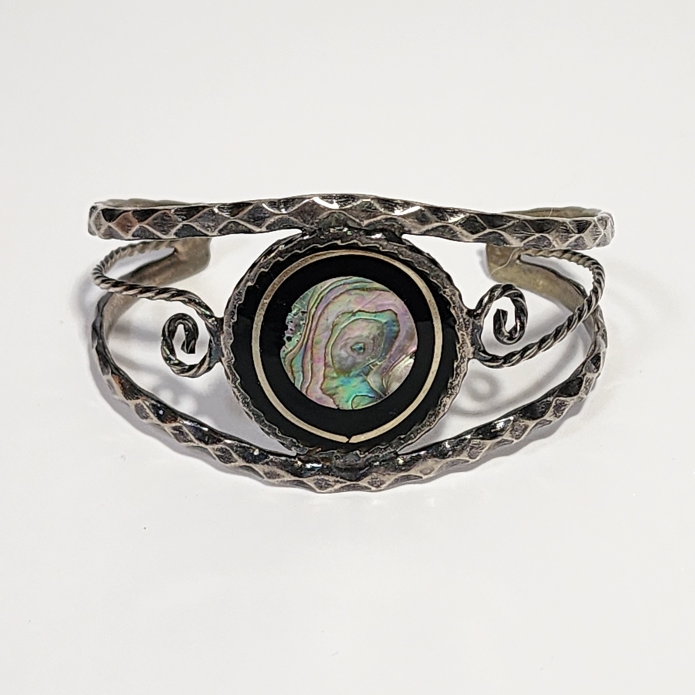 Alpaca Mexico Abalone Cuff Bracelet Vintage Silver Tone Open Cuff Sz 6.25 To 6.5